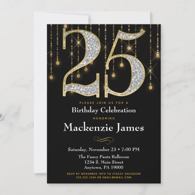 25th Birthday Invitation Black Gold Diamonds Adult (Front)
