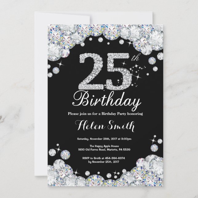 25th Birthday Invitation Chalkboard Silver Diamond (Front)