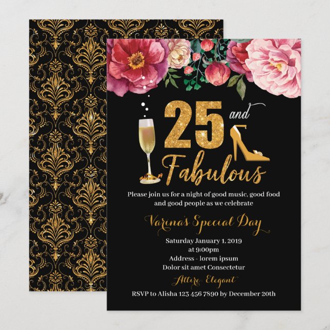 25th Birthday Invitation for Women (Front/Back)
