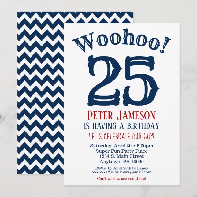 25th Birthday Invitation Mens Navy Blue (Front/Back)