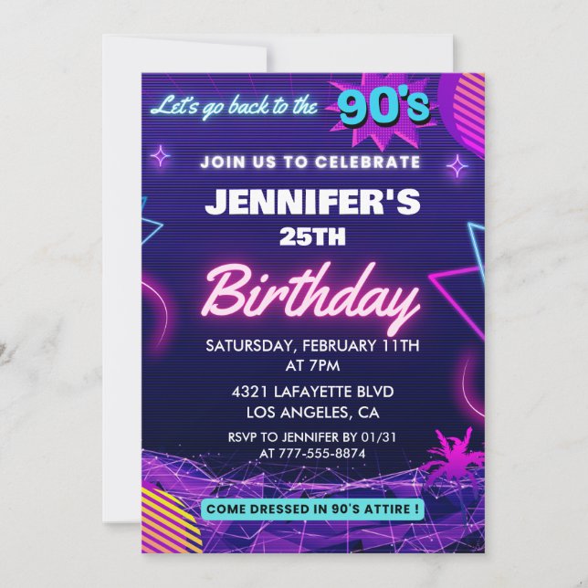 25TH birthday invitations Back To The 90s Party (Front)