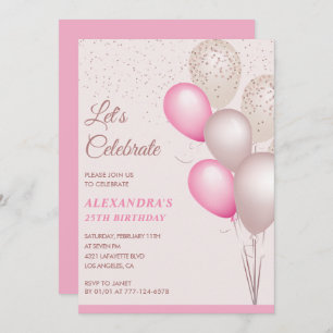 25TH birthday invitations Balloons Pink Confetti