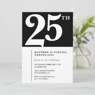 25th birthday invitations Black White Elegant