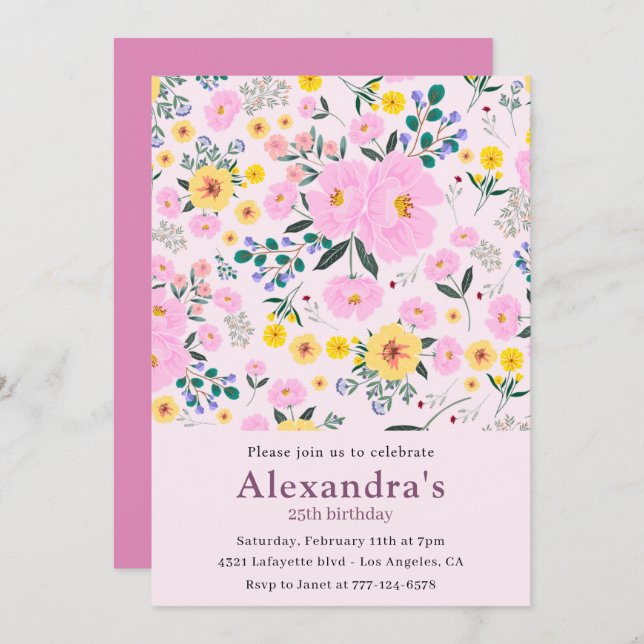 25th birthday invitations Boho Floral Chic (Front/Back)
