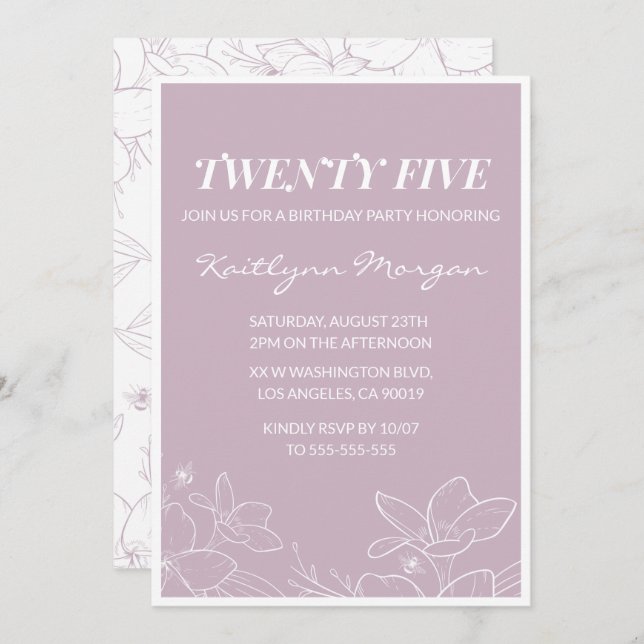 25th birthday invitations Elegant Modern Floral (Front/Back)