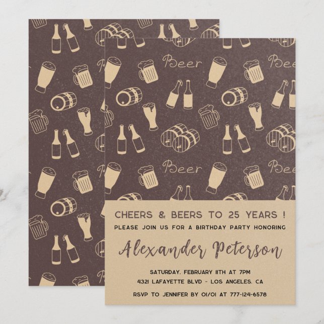 25TH birthday invitations Men Beer Pattern Rustic (Front/Back)
