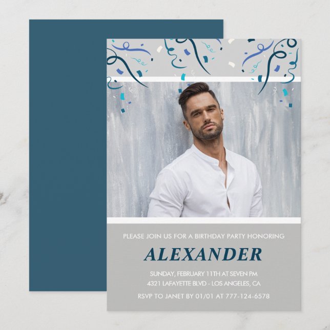 25th birthday invitations Men Confetti Photo Blue (Front/Back)