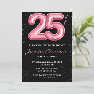 25th birthday invitations Pink Balloon Glam Black 