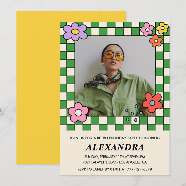 25th birthday invitations Retro Groovy Flowers (Front/Back)