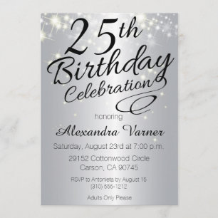 25th Birthday Invitations - Silver Sparkly Invites