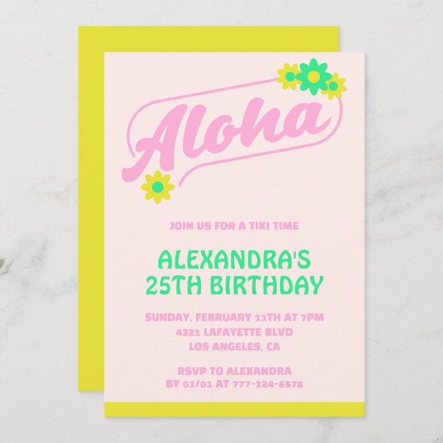 25th birthday invitations Tropical Aloha Pink (Front/Back)