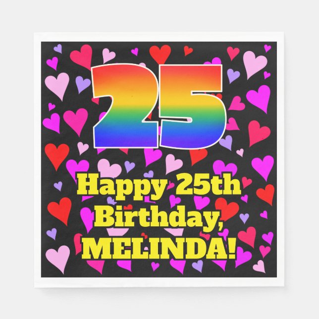 25th Birthday: Loving Hearts Pattern, Rainbow # 25 Napkin (Front)