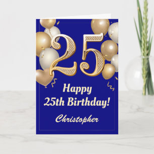 25th Birthday Navy Blue and Gold Balloons Confetti Card