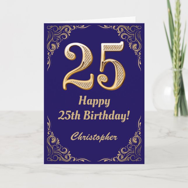 25th Birthday Navy Blue and Gold Glitter Frame Card (Front)