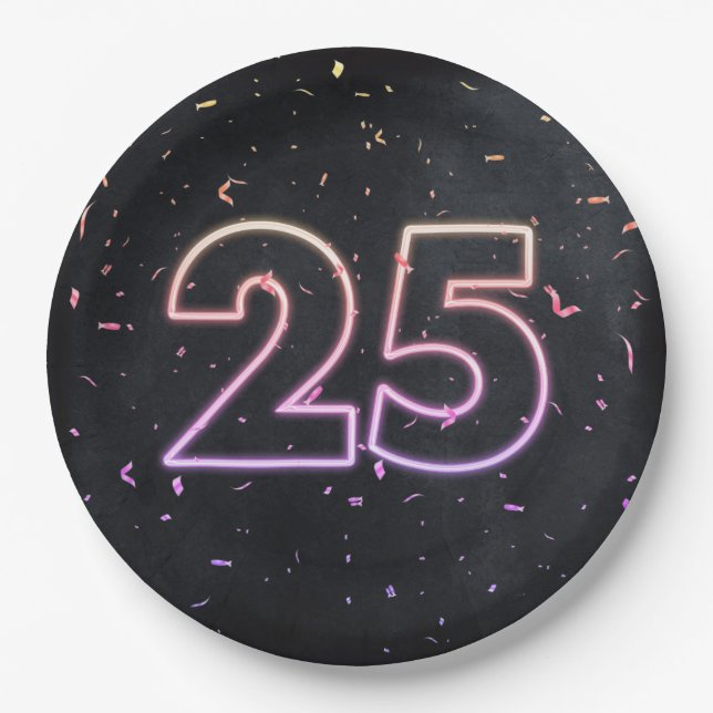 25th Birthday Neon Sign On Black Paper Plate (Front)