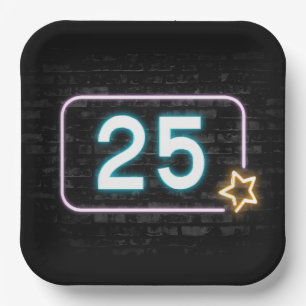 25th Birthday Neon Sign On Brick Paper Plate