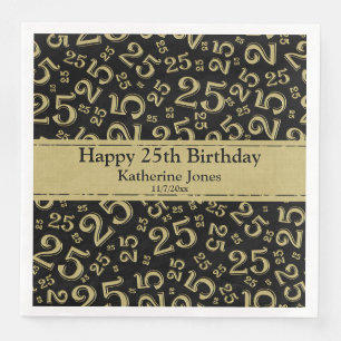 25th Birthday Number Number Pattern Gold/Black Napkin
