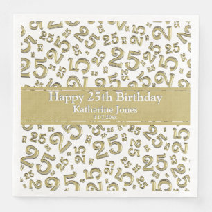 25th Birthday Number Number Pattern Gold/White Napkin