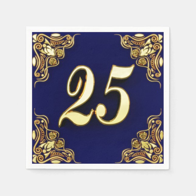 25th Birthday or Anniversary Regal Gold and Blue Napkin (Front)