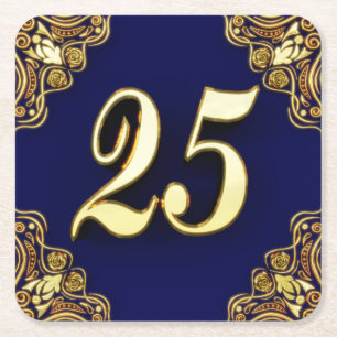 25th Birthday or Anniversary Regal Gold and Blue Square Paper Coaster