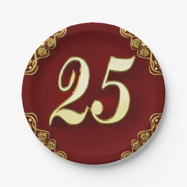 25th Birthday or Anniversary Regal Gold and Red Paper Plate (Front)