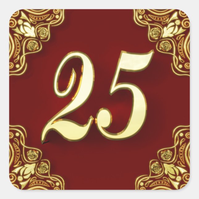 25th Birthday or Anniversary Regal Gold and Red Square Sticker (Front)