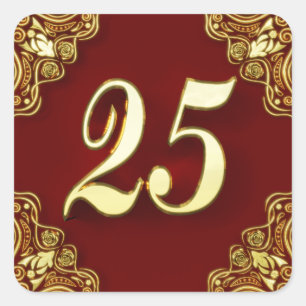 25th Birthday or Anniversary Regal Gold and Red Square Sticker