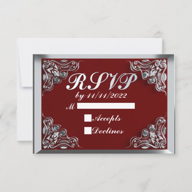 25th Birthday or Anniversary Regal Silver and Red RSVP Card (Front)