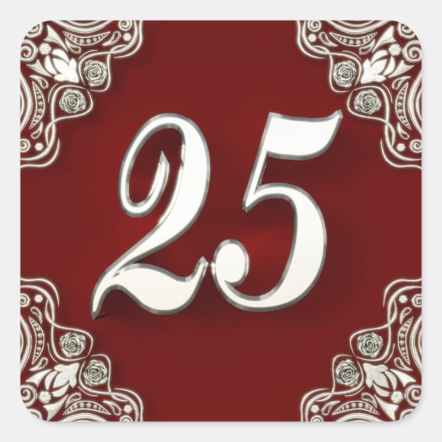 25th Birthday or Anniversary Regal Silver and Red Square Sticker (Front)