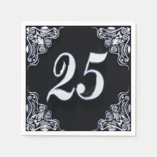 25th Birthday or Anniversary Regal Silver Black Napkin (Front)