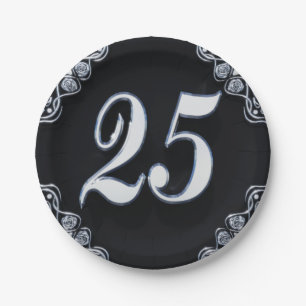 25th Birthday or Anniversary Regal Silver Black Paper Plate