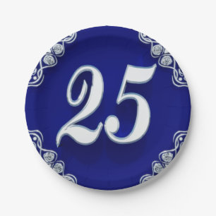 25th Birthday or Anniversary Regal Silver Blue Paper Plate