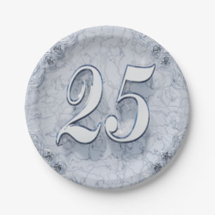 25th Birthday or Anniversary Regal Silver Marble Paper Plate