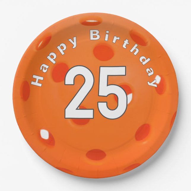 25th Birthday Orange Pickleball Paper Plate (Front)