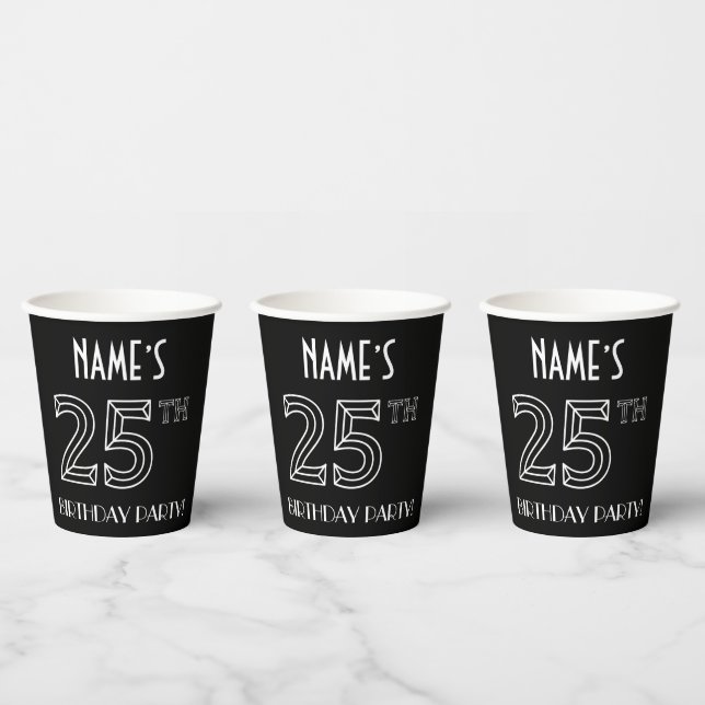 25th Birthday Party: Art Deco Style + Custom Name Paper Cups (Multi)