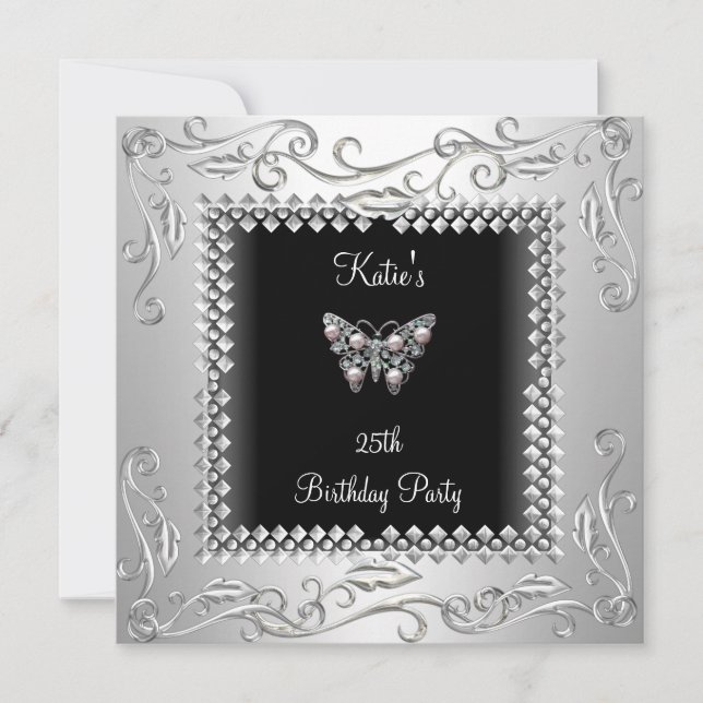 25th Birthday Party Black Butterfly Silver Black Invitation (Front)