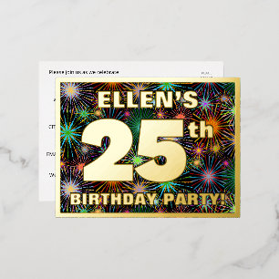 25th Birthday Party: Bold, Colorful Fireworks Look Foil Invitation Postcard