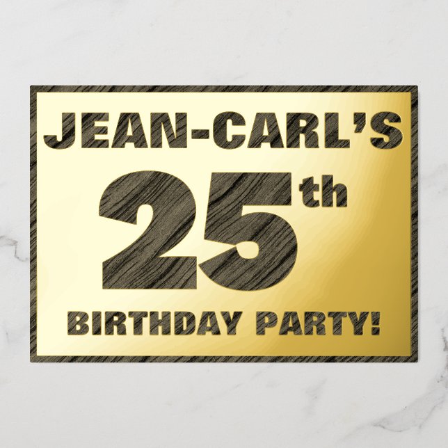 25th Birthday Party — Bold, Faux Wood Grain Text (Front)