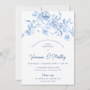 25th Birthday Party Dusty Blue Floral Invitation