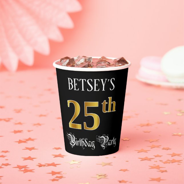 25th Birthday Party — Fancy Script, Faux Gold Look Paper Cups (Insitu)