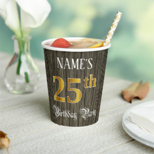25th Birthday Party — Faux Gold & Faux Wood Looks Paper Cups