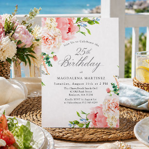 25th Birthday Party Feminine Pink Roses Floral Inv Invitation