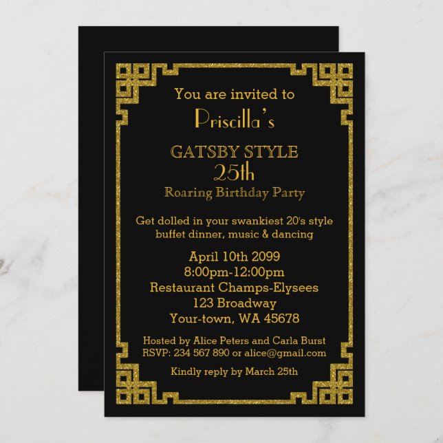 25th,Birthday party, Gatsby style, black & gold Invitation (Front/Back)