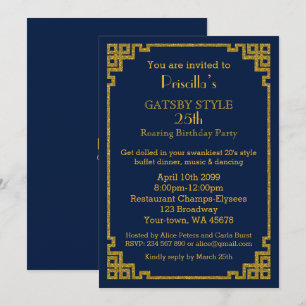 25th,Birthday party, Gatsby style, navy & gold Invitation