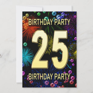 25th Birthday Party Invitation Fireworks Bubbles