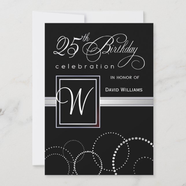 25th Birthday Party Invitations - Silver Monogram (Front)