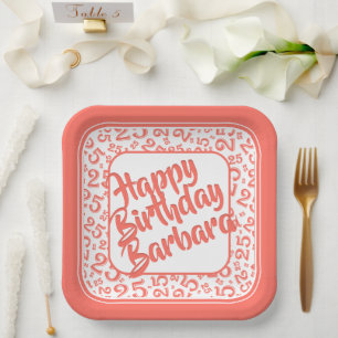 25th Birthday Party Number Pattern Coral White Paper Plate