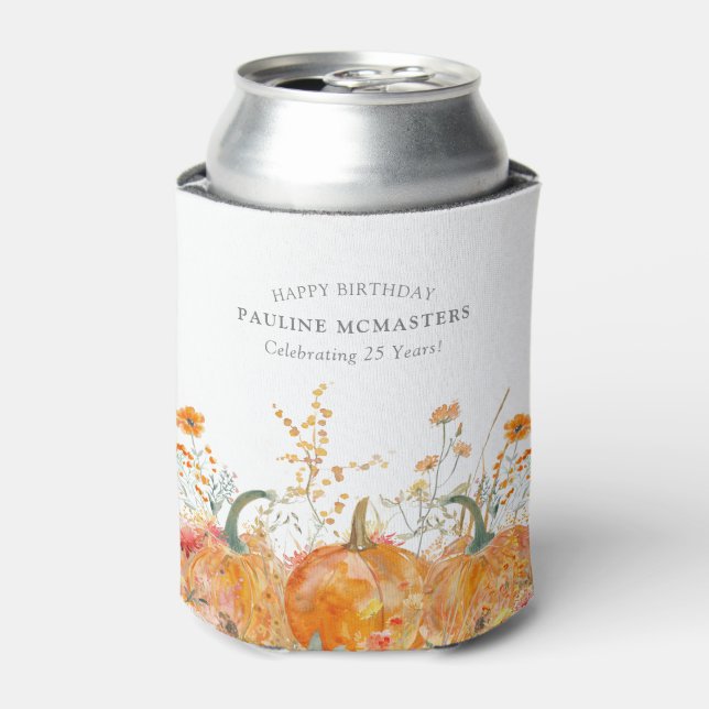 25th Birthday Party Pumpkin Wildflower Custom Can Cooler (Can Front)