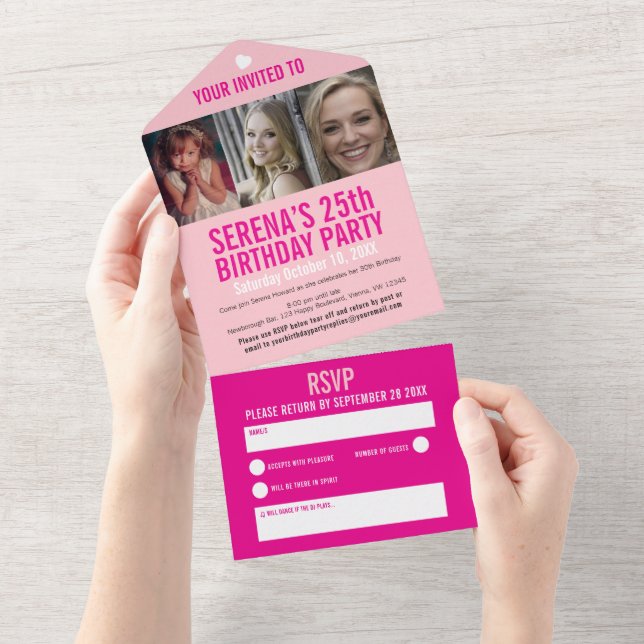 25th Birthday party three photos shades of pink All In One Invitation (Tearaway)