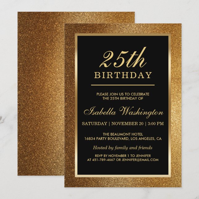 25th Birthday Party | Trendy Glam Gold Glitter Invitation (Front/Back)